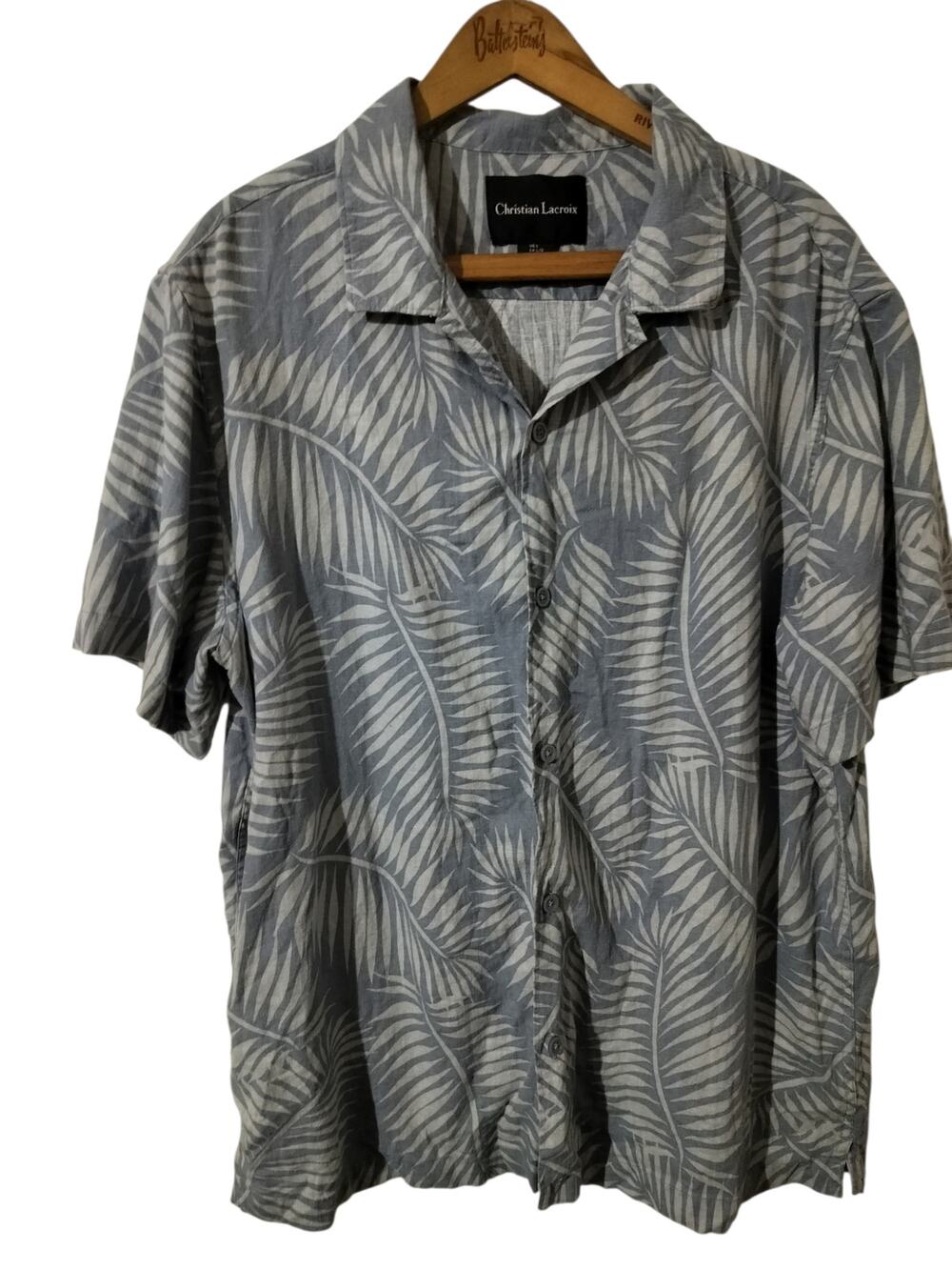 M1342) Christian LaCroix L Tropical Print Linen Blend Short Sleeve Camp Shirt